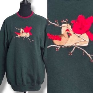 Vintage Cardinal Sweatshirt, Embroidered Birds & Gem Berries, Size Medium